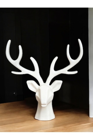 Geyik Heykeli, Büst, Beyaz Renkli El Yapımı Dekoratif Obje, Ev Dekoru