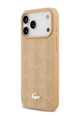 Apple Uyumlu iPhone 17 Pro Max Kılıf Lacoste Lisanslı M-safeli Pu Deri Karışık Monogram Desenli Kapak Bej Bej