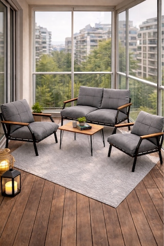 Ard & Garden Linda 211 Sehpalı Gri Fermuarlı Bahçe Balkon Takımı, Cafe, Salon - Metal Kanepe Koltuk Takımı Gri