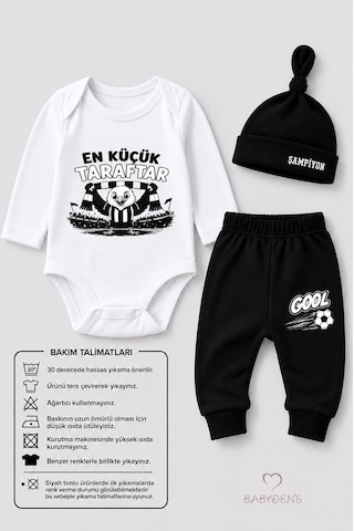 Babyden's %100 Pamuk Siyah Beyaz En Küçük Taraftar 3'lü Yenidoğan Bebek Takımı Uzun Kollu Body Pantolon Şapka Seti