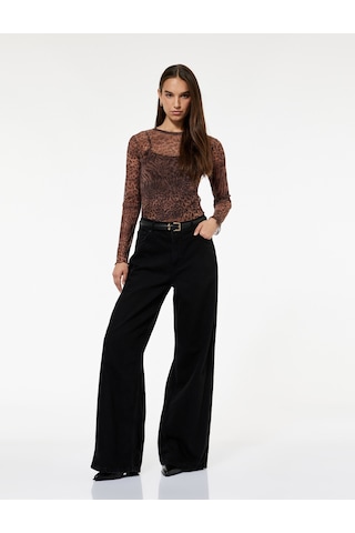Koton Slim Fit Uzun Kollu Leopar Baskılı Tül Tişört Kahverengi Desenli 6wal10436ık Kahverengi Desenli