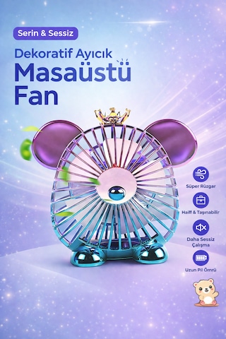 Sevimli Ayıcık Tasarımlı Mini Masaüstü Fan Taşınabilir Sessiz Usb Şarjlı Vantilatör 1200mah