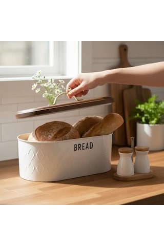 Beyaz Metal Ekmek Kutusu 33x18x18 Cm Ahşap Kapaklı Büyük Hacimli Ekmeklik Gold Kulplu Modern Mutfak Depolama Kabı Uzun Süre Taze Saklama Açık Gri