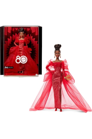 Barbie Mattel'in Özel 80. Doğum Günü Barbie Doll Simli Kırmızı Tül Elbise, Şeffaf Küpeli Ve Eldivenli İkonik Koleksiyon Bebek, Kahverengi, Jbj18 Esmer
