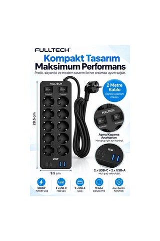 Akım Korumalı 10 Lu Çoklu Priz 3680w 20w Hızlı Şarj 2 Usb-c 2 Usb-a 2 Metre Kablolu Ftr-30 1
