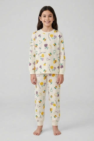 Magnifi Ove Yazılı Lale Baskılı Kız Çocuk Pijama Takımı Ekru
