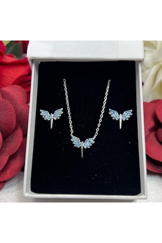 Turkuaz Melek Kanadı Kadın 2'li Seti 925 Ayar Gümüş Rodyumlu Zirkon Taşlı Gümüş