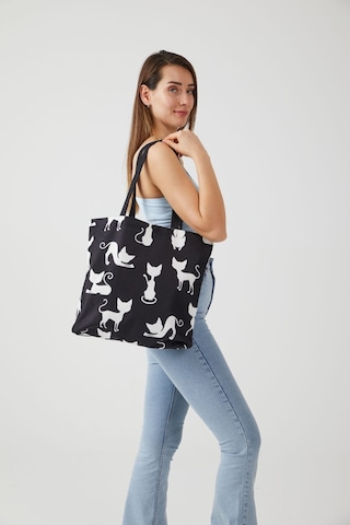 Kadın Siyah Kedi Bez Alışveriş Plaj Çantası Siyah