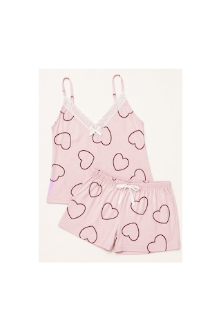 Bravie Kadın Büyük Beden İp Askılı Yakası Dantelli Kalpli Pembe Yazlık Pijama Takımı