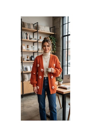 Trakyatrend Papatya Bahçesi El Örgüsü Görünümlü Turuncu Oversize Hırka Turuncu