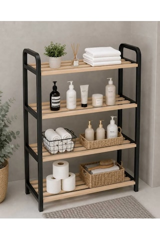 Ahşap Banyo Düzenleyici Lüks 70 Cm Banyo Rafı, Banyo Dolabı, Plastik Çerçeveli Çok Amaçlı Raf 4 Katlı Düzenleyici Siyah