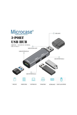 Microcase Usb 3.0 3 Port Mini Usb Çoklayıcı Hub 8 Cm Gri - Al2740