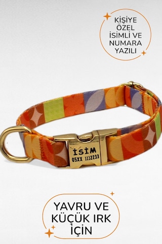 Caramelos İsimli Köpek Tasması, Yavru Köpek Tasması, Küçük Irk Köpek Tasması, Metal Kilit, 1,5 Cm Turuncu