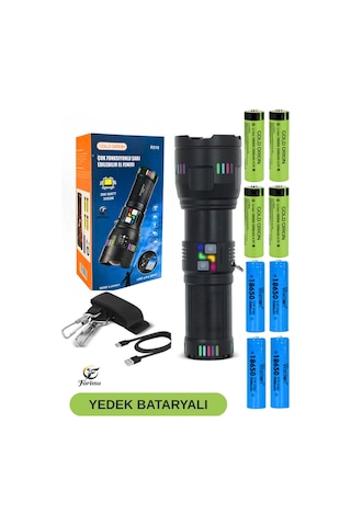 Gold Orion R518 300w 9000 Lümen Şarjlı El Feneri - 8 Adet Pilli Yedek Bataryalı Zoomlu Uzun Menzilli Siyah