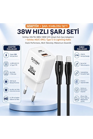 Schitec 38w 2 Çıkışlı Süper Hızlı Şarj Başlığı Ve 60w Type-c To Lightning Hızlı Şarj Ve Data Kablosu Siyah