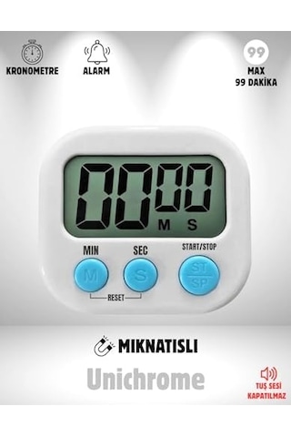 Beyaz Renk Dijital Ekranlı Alarmlı Mıknatıslı Mutfak Zamanlayıcı