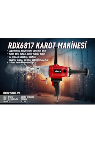 Rodex RDX6817 120 MM 0-2000 Rpm 1700 W Karot Makinesi