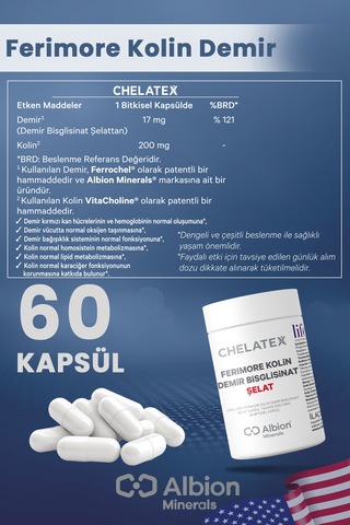 Chelatex Ferimore Kolin Demir Bisglisinat Şelat 60 Bitkisel Kapsü