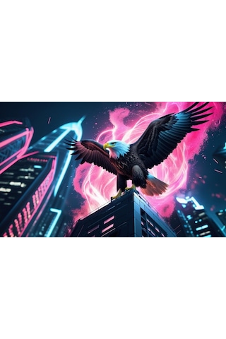 Kartal Fütüristik Bir Şehirde Neon Parıltı Stili 04 Çerçevesiz 50x30 Cm Pvc Tablo