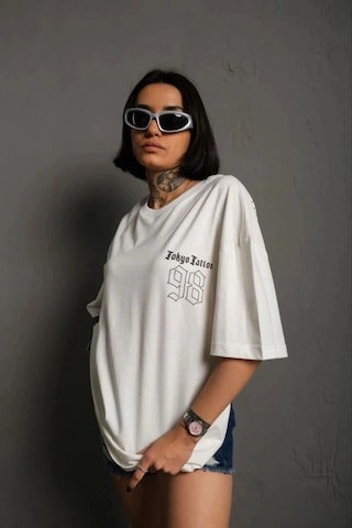 Freedom Storee Kadın Bisiklet Yaka Baskılı Oversize Kısa Kol T-shirt - Beyaz Çok Renkli