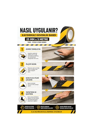 Kaydırmaz Güvenlik Bandı 25 Mm X 5 Metre Sarı Siyah Güçlü Yapışkanlı Merdiven Rampa Zemin Kaydırmaz