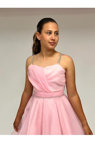Butikhappykids Kız Çocuk Abiye Pembe Taş Kordon Askılı Kalp Yaka Kuyruklu Şifon Abiye Elbise 10-15 Yaş Pembe
