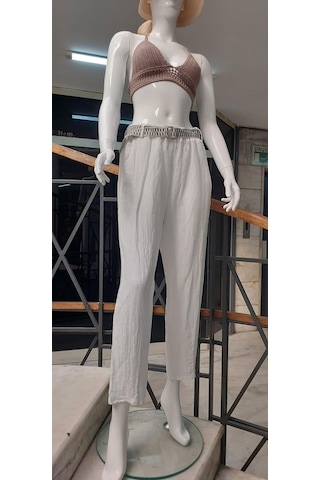Eren Style İtalyan Kemerli Keten Pantolon-9260 Beyaz