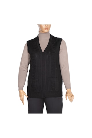 Hesna Kadın Karen Triko Cepli Boncuklu Siyah Yelek Siyah