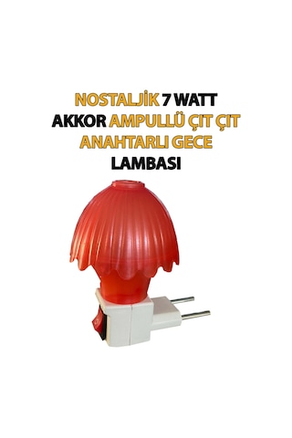Nostaljik Mantar Tip Gece Lambası Kendinden Fişli Çıt Çıt Anahtarlı 7 Watt Akkor Ampullü Kırmızı