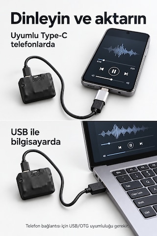 32 Gb Mini Ses Kayıt Cihazı 20 Güne Kadar Kesintisiz Kayıt, Sese Duyarlı, Kulaklık Ve Type-c Otg