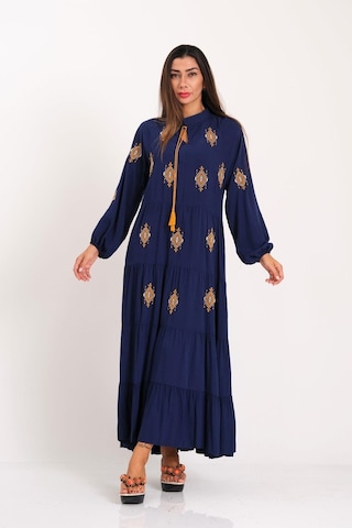 Kadın Lacivert Önü Ve Kolları Otantik Nakışlı Eteği Kat Kat Uzun Elbise-lacivert