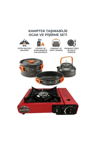 Kamptek Kamp Ocağı Ve Portatif Yemek Pişirme Seti - 4 Parça Kamp Seti Tencere, Tava, Çaydanlık/demlik, Taşınabilir Ocak Kırmızı