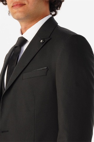 Süvari Siyah Slim Fit Armürlü Sivri Yaka 6 Drop Yelekli Klasik Takım Elbise