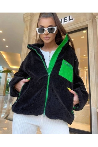 Munn Collection Kadın Uzun Kollu Renkli Cep Ve Fermuar Detay Peluş Mont Siyah