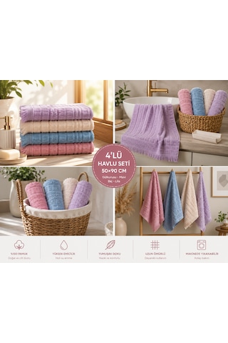 4'lü El Ve Yüz Havlusu Seti 50x90 Cm Pamuklu Yumuşak Dokulu Yüksek Su Emici Günlük Kullanım Premium Kalite Bej