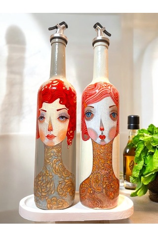 El Yapımı Kırmızı Saçlı Kadın Desenli Vintage Cam Şişe Yağdanlık Seti, Dekoratif Mutfak & Sofra Ürün Vizon