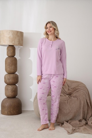 Lindros Kadın Pamuk'lu Düğme Yaka Raporlu İnterlok Kışlık Pijama Takımı 05163 - 1 Adet Gül Kurusu
