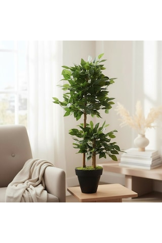 Yapay Çiçek Siyah Saksıda Benjamin Salon Balkon Ev Ağacı Yeşil Bitkisi Bambu Gövdeli Dolgun 105 Cm Yeşil