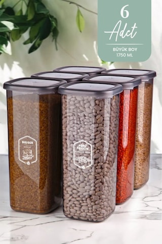 Kitchen Life 6'lı Jumbo Boy Etiketli Dikdörtgen Erzak Saklama Kabı Seti 1750ml Çay Şeker Saklama kabı 1,75 Litre