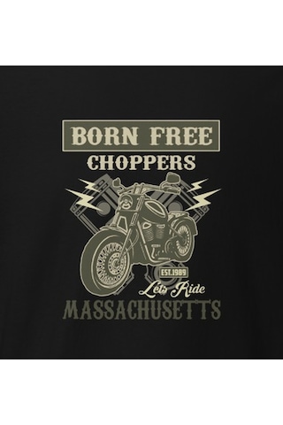 Wildstyle Born Free Choppers Motosiklet Vintage Chopper Baskılı Unisex Bisiklet Yaka Pamuklu Tişört - Siyah