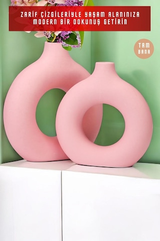 Beyaz Dekoratif Vazo Seti Obje Ev Dekorasyon Masa Üstü Dekor Vazo Seti Model 23 Pembe Pembe