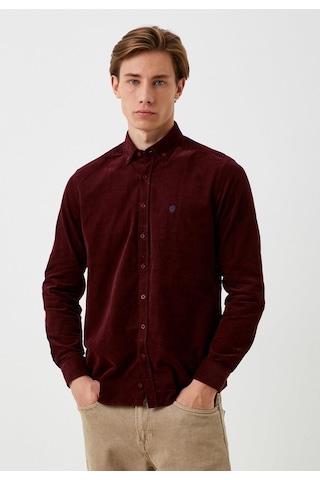 Erkek Kadife Gömlek Bordo %100 Pamuk Düğmeli Yaka Slim Fit Logo Detaylı Gömlek Ncs Jeans 7980-bordo Bordo
