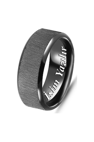 Takı Dükkanı Kişiye Özel İsim Yazılı Köşeli 8mm Mat Fırçalanmış Düz Unisex Çelik Yüzük Alyans Cl48y Siyah