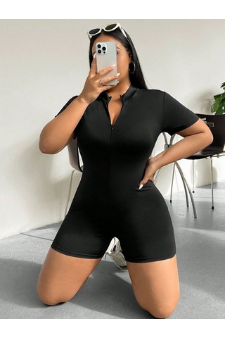 Munn Collection Kadın Kısa Kollu Önü Fermuarlı Bodycon Dalgıç Tulum Siyah