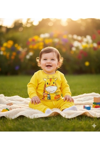 Kız Bebek Zürafa Baskılı Çıt Çıtlı Alt Üst İkili Gündelik Takım 6-18 Ay Sari