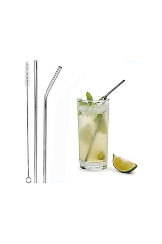 2 Adet Çelik Pipet Ve Temizleme Fırçası 3 Parça Çelik Pipet Seti Düz Pipet Eğik Pipet Ve Temizleme Fırçası 3'lü Set