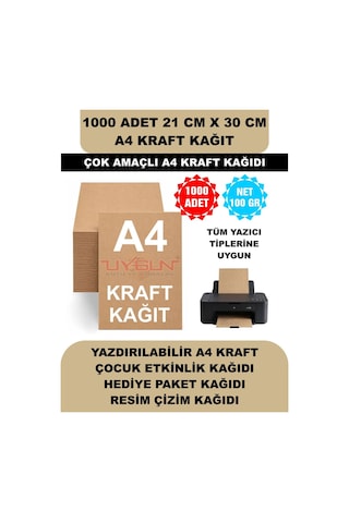 1000 Adet A4 Kraft Kağıt 21x30 100 Gr. Yazıcı Uyumlu, Vintage Resim Kağıdı, Çocuk Etkinlik Kağıdı