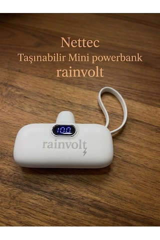 Rainvolt Mini Kapsül Powerbank Led Dijital Göstergeli & Dahili Kablolu Taşınabilir Şarj Cihazı Beyaz