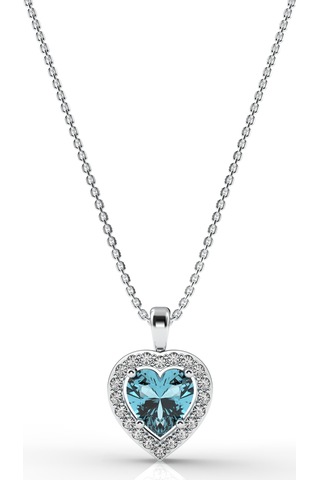 925 Ayar Akuamarin Taşlı Rodyum Pırlanta Görünümlü Kalp Gümüş Kolye Gümüş - Rodyum