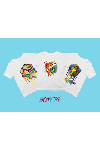 Bumeta Rubik Küp Baskılı Çocuk Tişört 3 Lü Set Beyaz